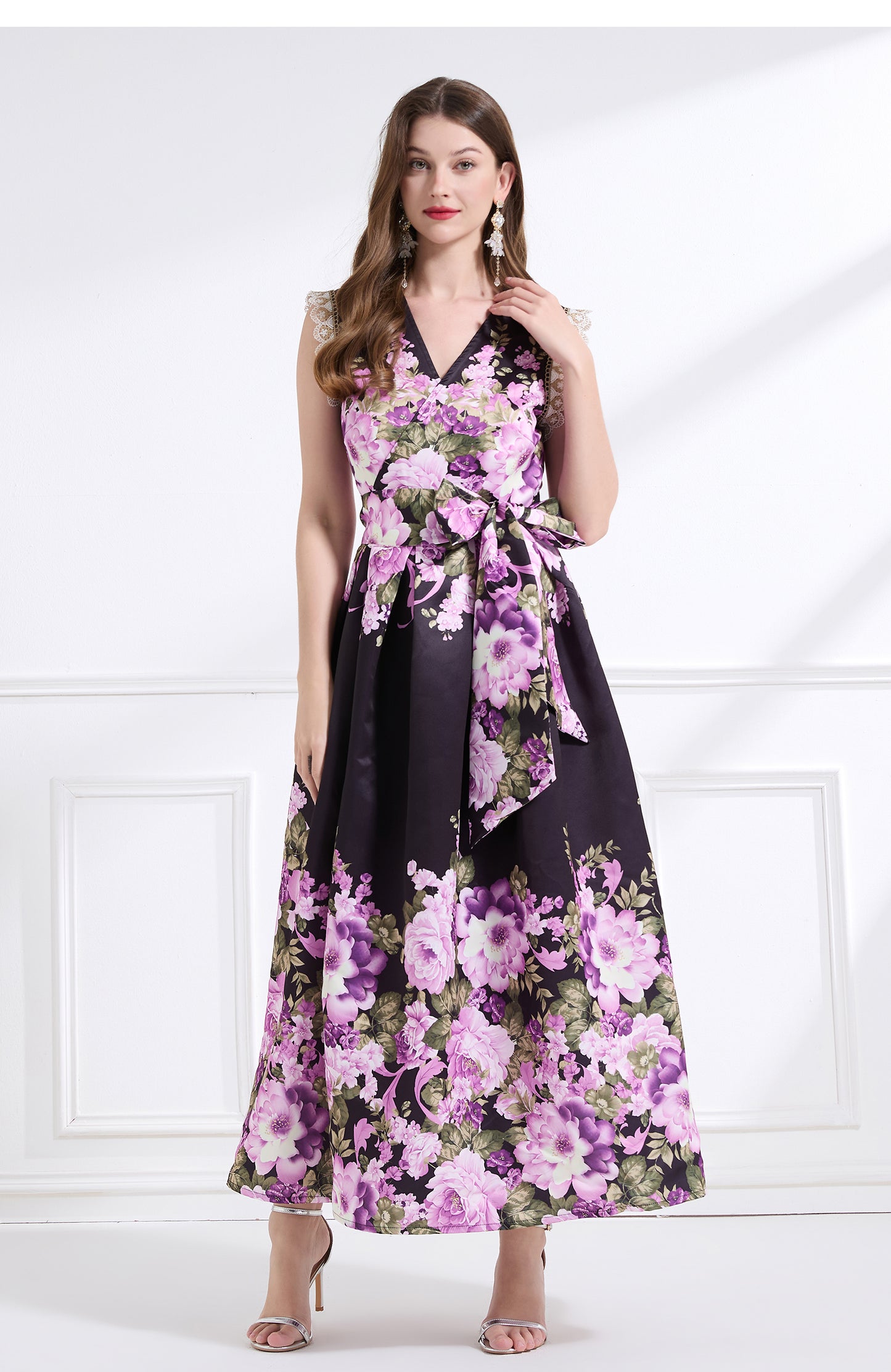 Original design - spring, summer and autumn fake wind, small flying sleeves, flower fairy print, seaside waist ruffle tie long skirt