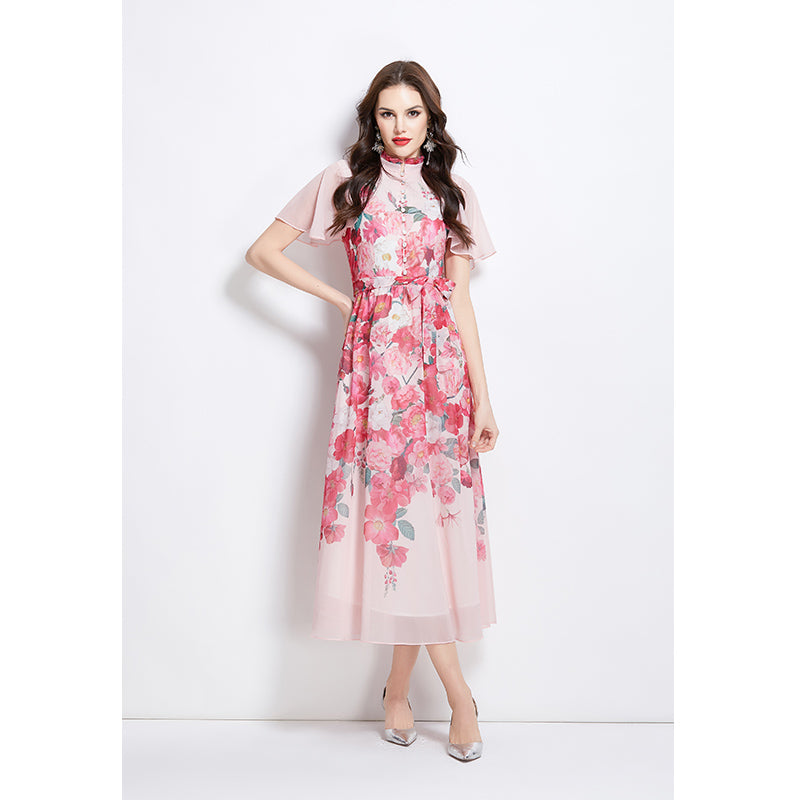 Original design for spring and summer small flying sleeves, ruffled edges, floral patterns, colorful waist cinched stand up collar dress