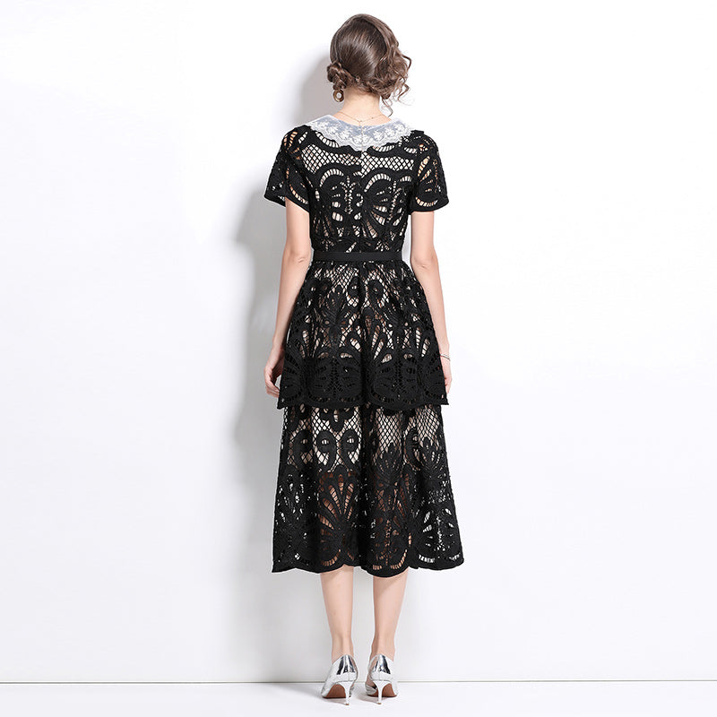 Original Design: Spring and Summer High End Water soluble Embroidered Medium length Skirt with V-neck and Waist cinching to Look Thin Dress