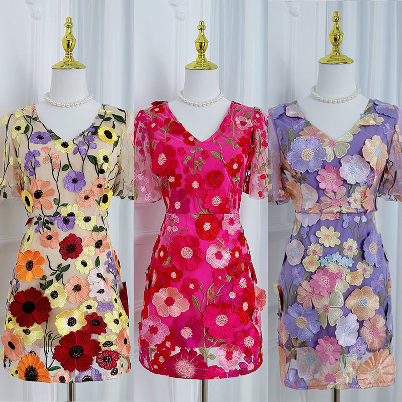 Original Design Heavy Industry Embroidery Boutique Handmade Color Customized Flower V-neck Bubble Sleeve Wrap Hip Dress