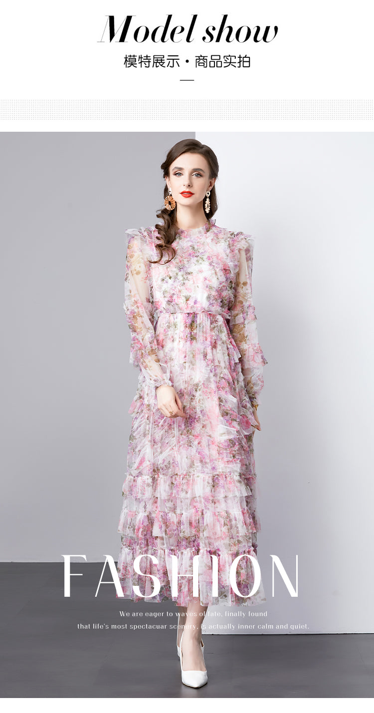 Original design graphic women's French purple and red flower print elegant temperament dress