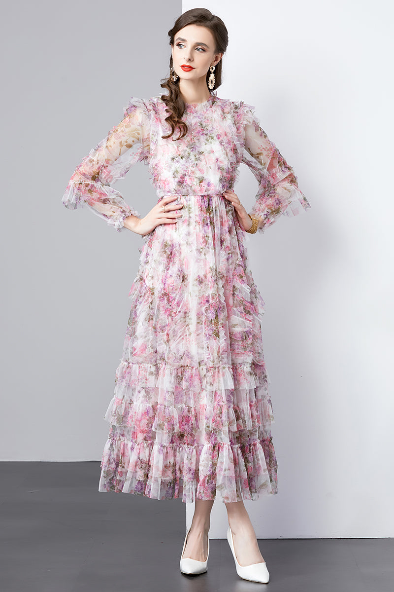 Original design graphic women's French purple and red flower print elegant temperament dress