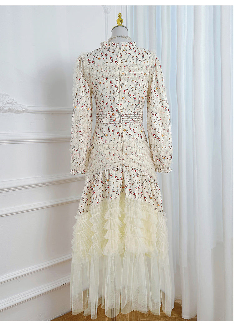 Original Design Heavy Industry Boutique Printed Splicing Mesh Wooden Ear French Palace Style Dress