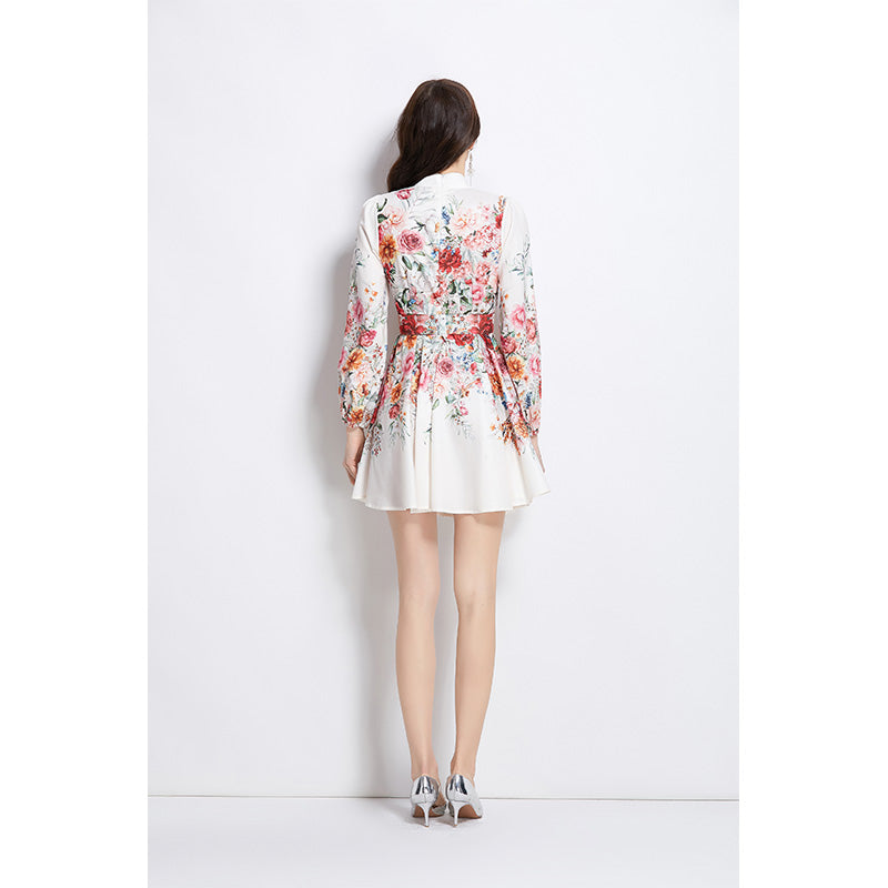 Original Design Spring/Summer Vacation Flower Oil Painting Style Stand up Collar Short Dress