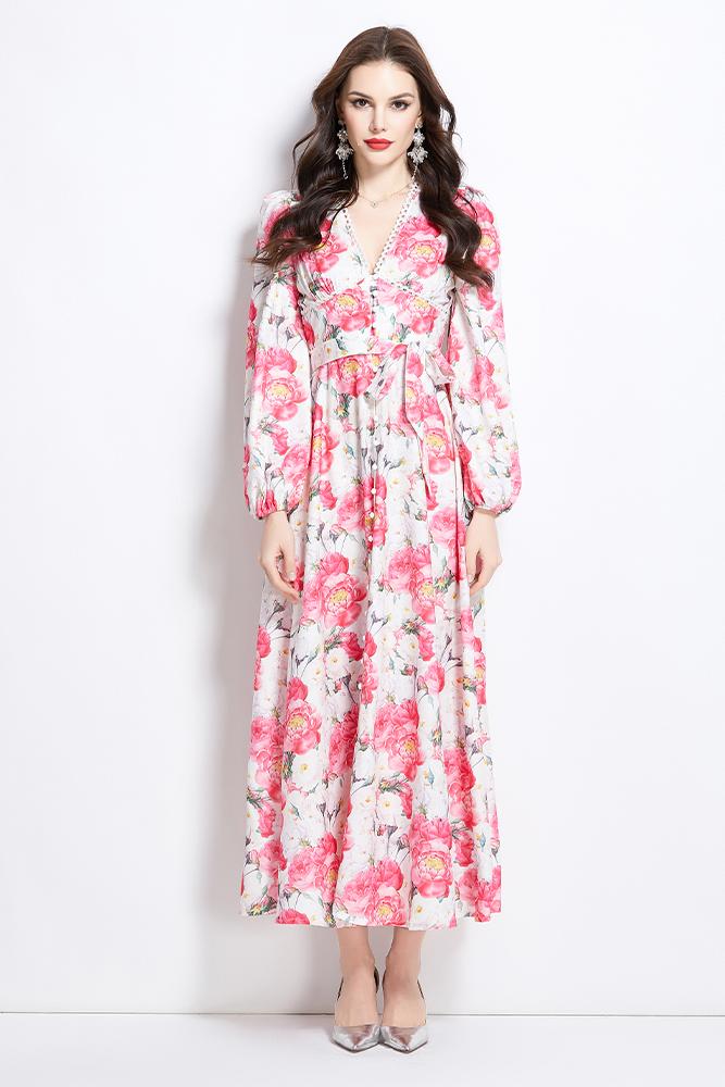 Original Design Spring/Summer Watercolor Flower Long Sleeve Retro Long Dress