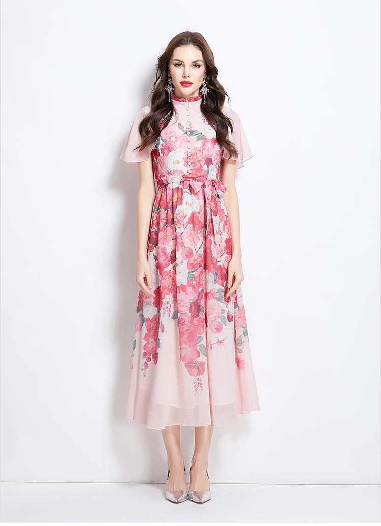 Original design for spring and summer small flying sleeves, ruffled edges, floral patterns, colorful waist cinched stand up collar dress