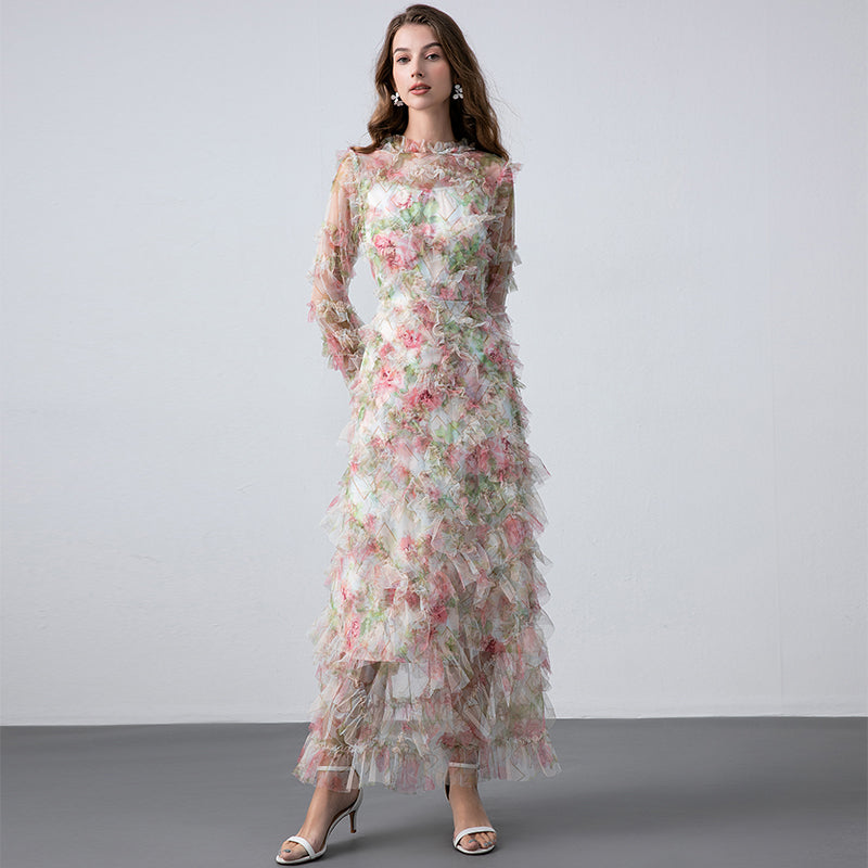 Original design boutique heavy industry romantic fairy temperament printed fungus edge French dress