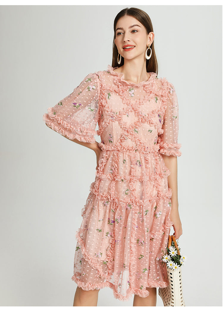 Artwork French romantic boutique custom gauze small floral embroidery short vintage cake dress
