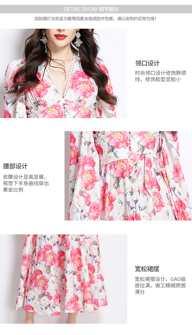 Original Design Spring/Summer Watercolor Flower Long Sleeve Retro Long Dress