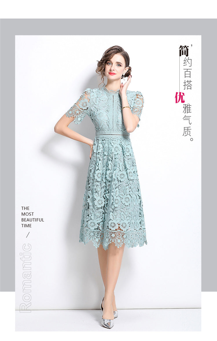 Original design short sleeved slimming hollow out water-soluble lace positioning mid length dress