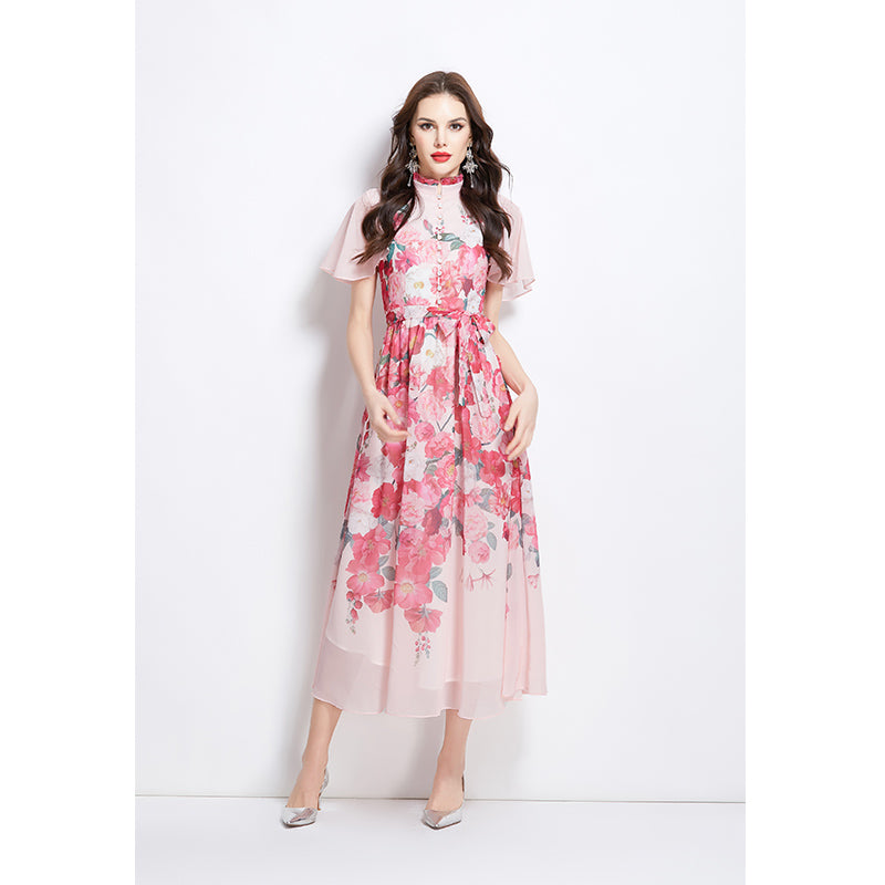 Original design for spring and summer small flying sleeves, ruffled edges, floral patterns, colorful waist cinched stand up collar dress