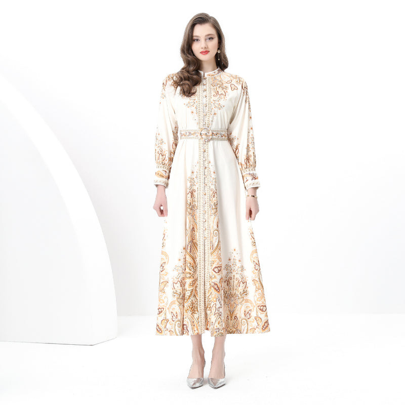 Original design: Spring, Summer, Autumn, resort style, vintage stand-up collar, single-breasted, lace panel, printed wide hem maxi dress