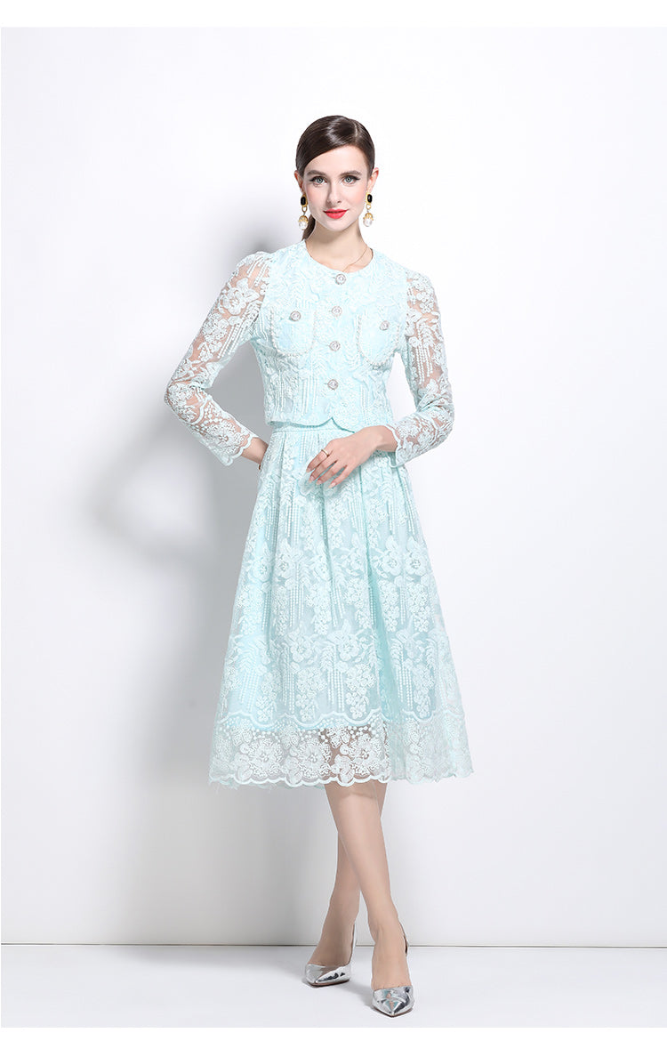 Original design for spring and summer long sleeved small fragrance style set light luxury temperament water-soluble lace skirt two-piece set
