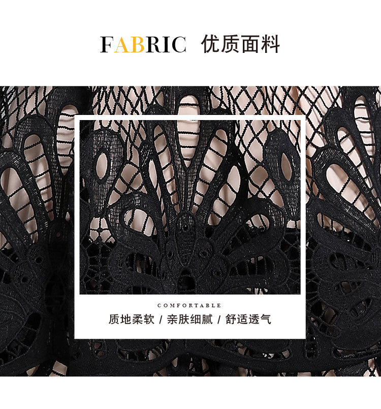Original Design: Spring and Summer High End Water soluble Embroidered Medium length Skirt with V-neck and Waist cinching to Look Thin Dress