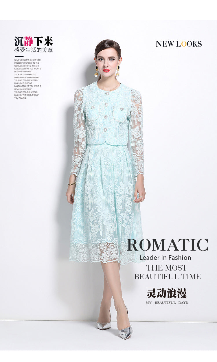 Original design for spring and summer long sleeved small fragrance style set light luxury temperament water-soluble lace skirt two-piece set