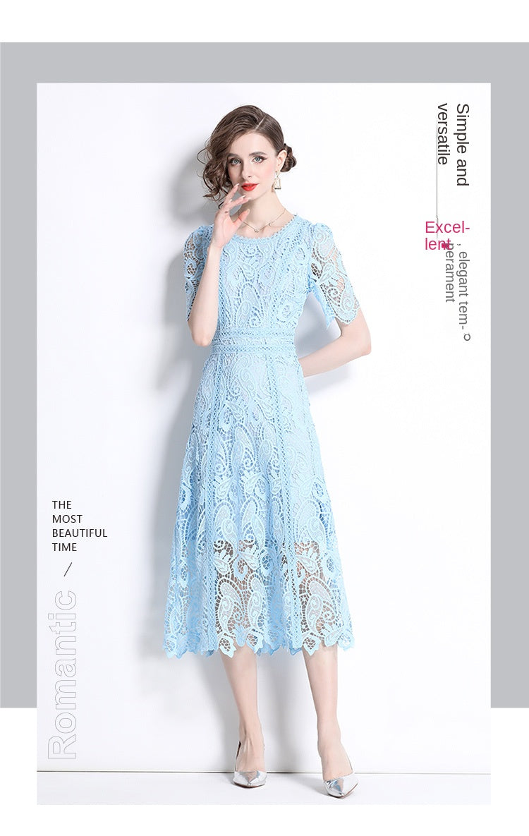 Original design temperament short sleeved skirt slim fit waist cinching heavy industry water-soluble lace dress for women