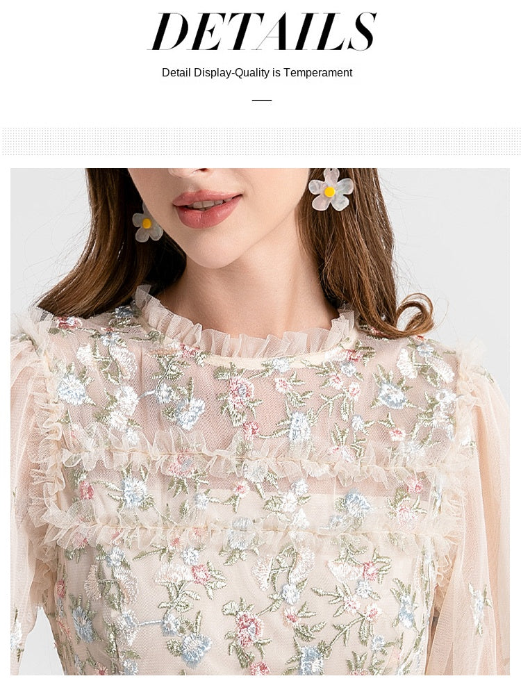 Original Design Women's Countryside Forest Style Heavy Industry Colorful Embroidered Black Fungus Edge Large Swing Dress