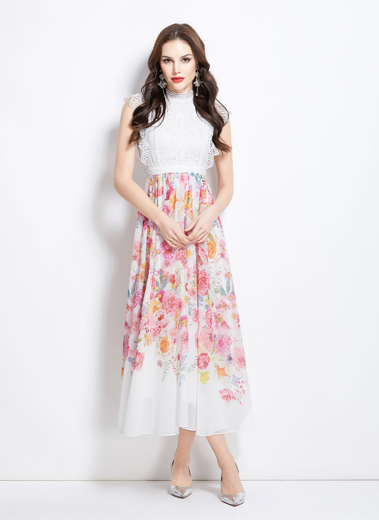 Original Design Spring/Summer/Autumn Vacation New Colorful Oil Painting Style Lace Splicing Long Dress