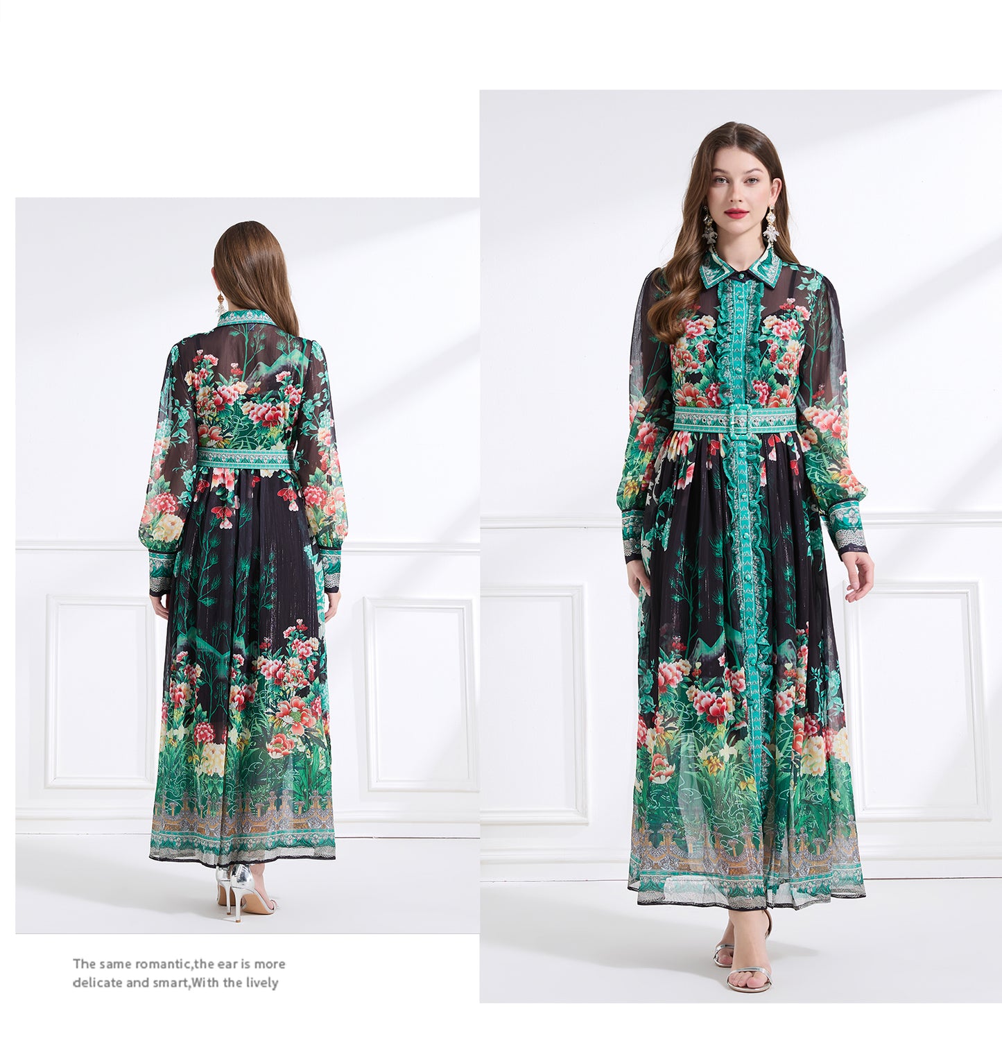 Original design - Spring/Summer, Autumn chiffon shirt collar print, long sleeves, cinched waist, ruffled maxi skirt
