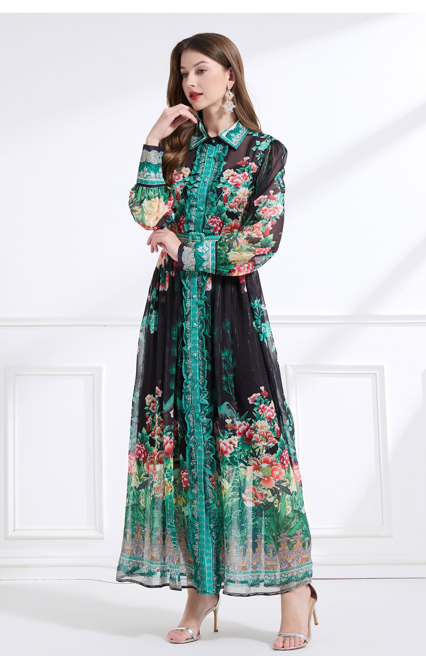 Original design - Spring/Summer, Autumn chiffon shirt collar print, long sleeves, cinched waist, ruffled maxi skirt