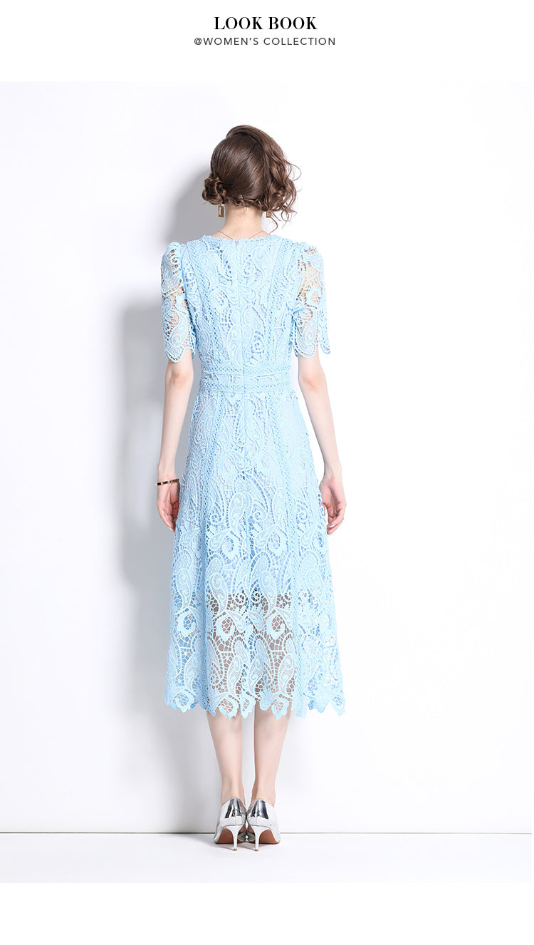 Original design temperament short sleeved skirt slim fit waist cinching heavy industry water-soluble lace dress for women