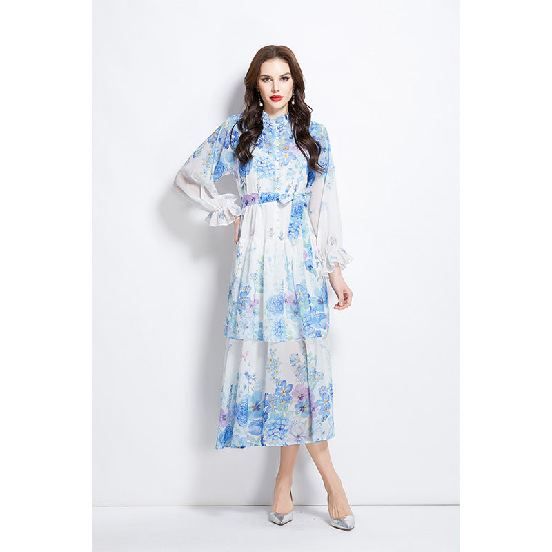 Original design summer/spring/autumn vacation long sleeved ruffled hem waist cinched black fungus collar cake dress