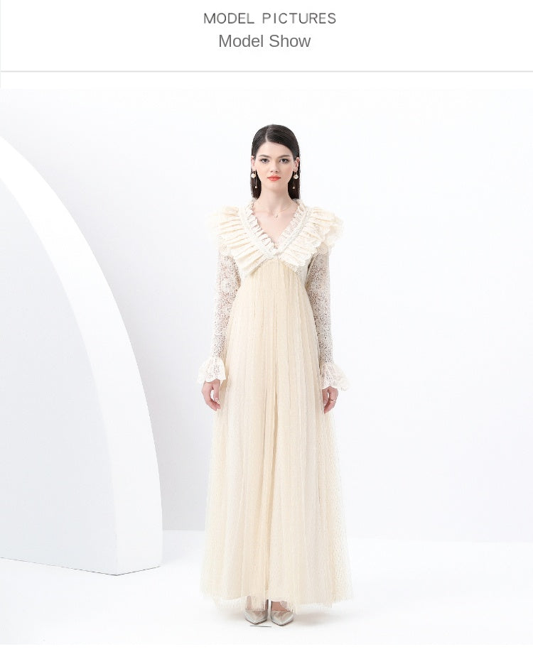 Original design: Spring, Summer, Autumn, resort style, embroidered lace, V-neck, long sleeves, lace and mesh maxi dress