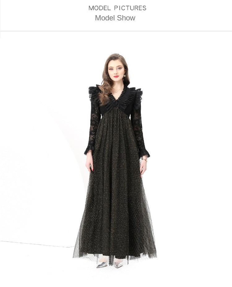 Original design: Spring, Summer, Autumn, resort style, embroidered lace, V-neck, long sleeves, lace and mesh maxi dress