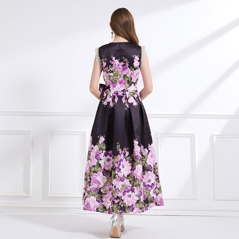 Original design - spring, summer and autumn fake wind, small flying sleeves, flower fairy print, seaside waist ruffle tie long skirt