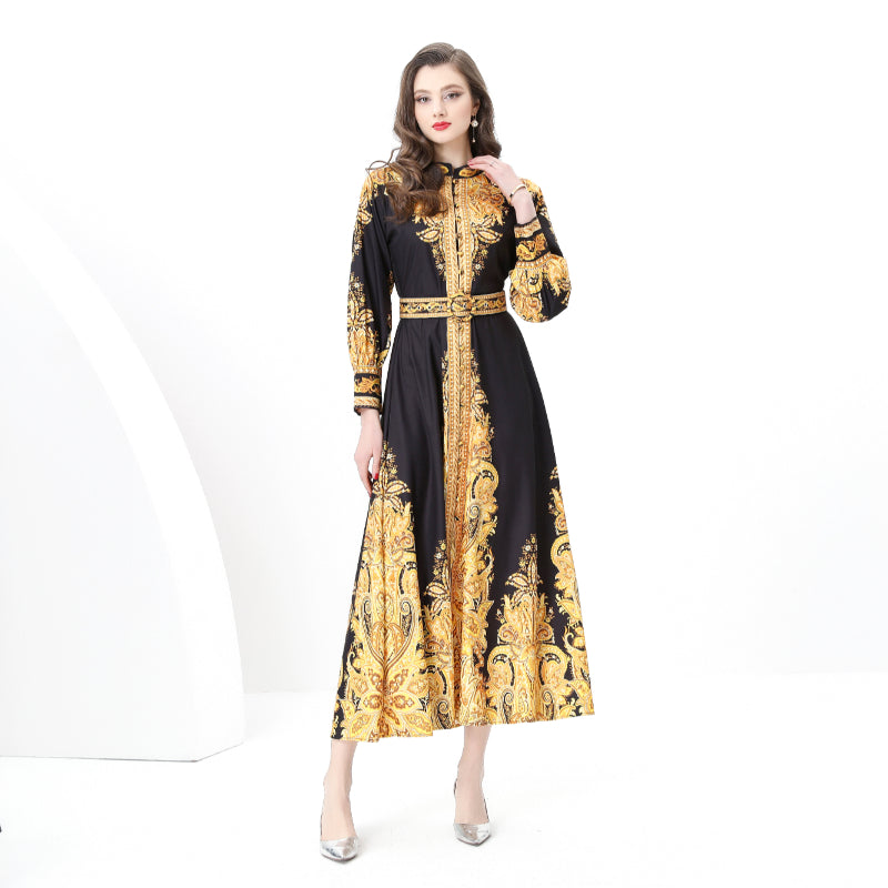 Original design: Spring, Summer, Autumn, resort style, retro stand-up collar, single-row print, wide hem maxi dress