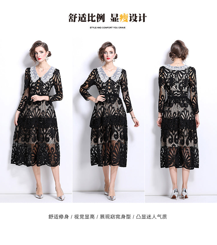Original Design: Spring and Summer High End Water soluble Embroidered Medium length Skirt with V-neck and Waist cinching to Look Thin Dress