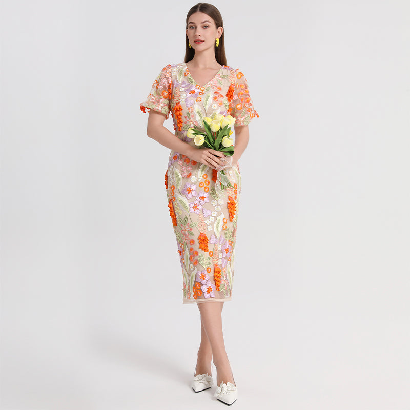 Artwork boutique handmade three-dimensional wheat ear embroidered French temperament dress