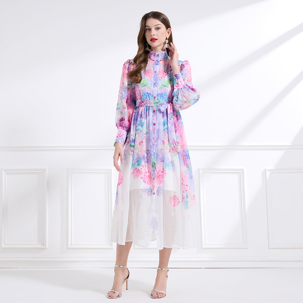 Original design - stand collar, watercolor, floral print, balloon sleeves, cinched waist, large skirt, ruffled skirt