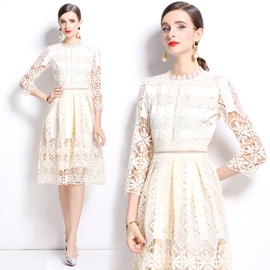Original design mid long sleeved slimming hollow out water-soluble lace positioning printed mid length dress for spring, summer, autumn vacation