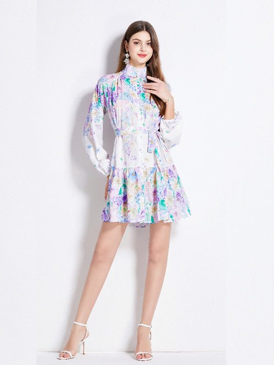 Original Design Spring/Summer Autumn Vacation New Flower Oil Painting Style Stand up Neck Short Dress