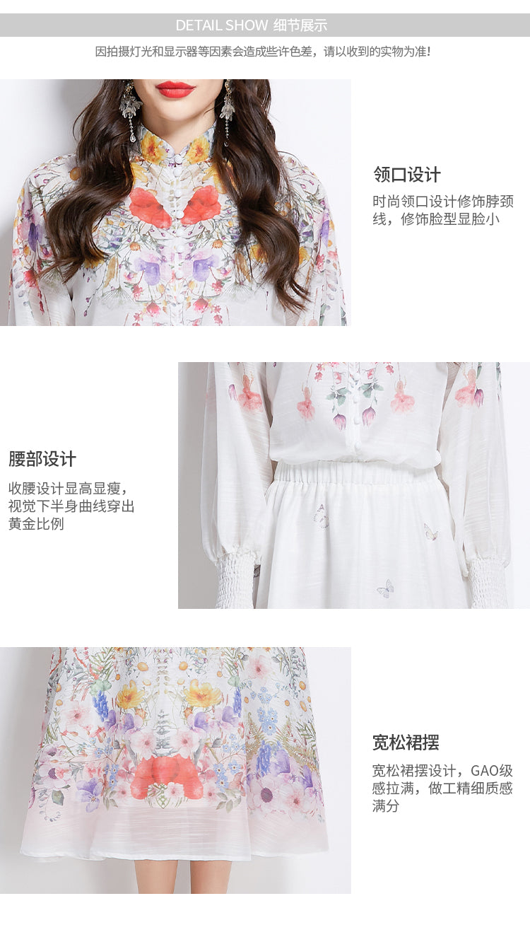 Original Design Spring/Summer/Autumn Vacation Oil Painting Flower Shirt Top Folding Mid length Skirt Set