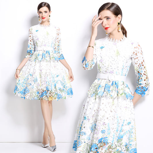 Original design mid long sleeved fashionable slimming hollow out water-soluble lace positioning mid length dress