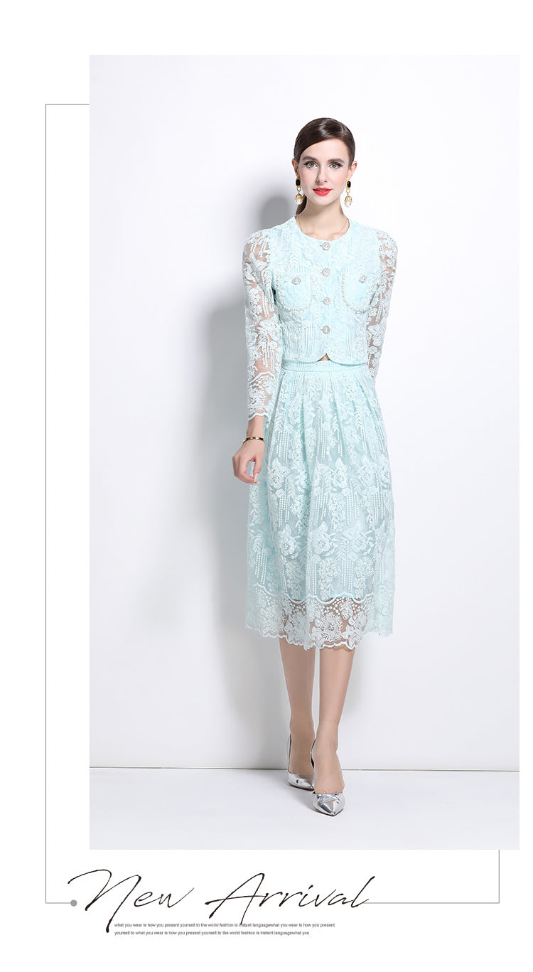 Original design for spring and summer long sleeved small fragrance style set light luxury temperament water-soluble lace skirt two-piece set