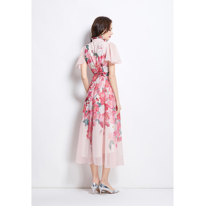 Original design for spring and summer small flying sleeves, ruffled edges, floral patterns, colorful waist cinched stand up collar dress