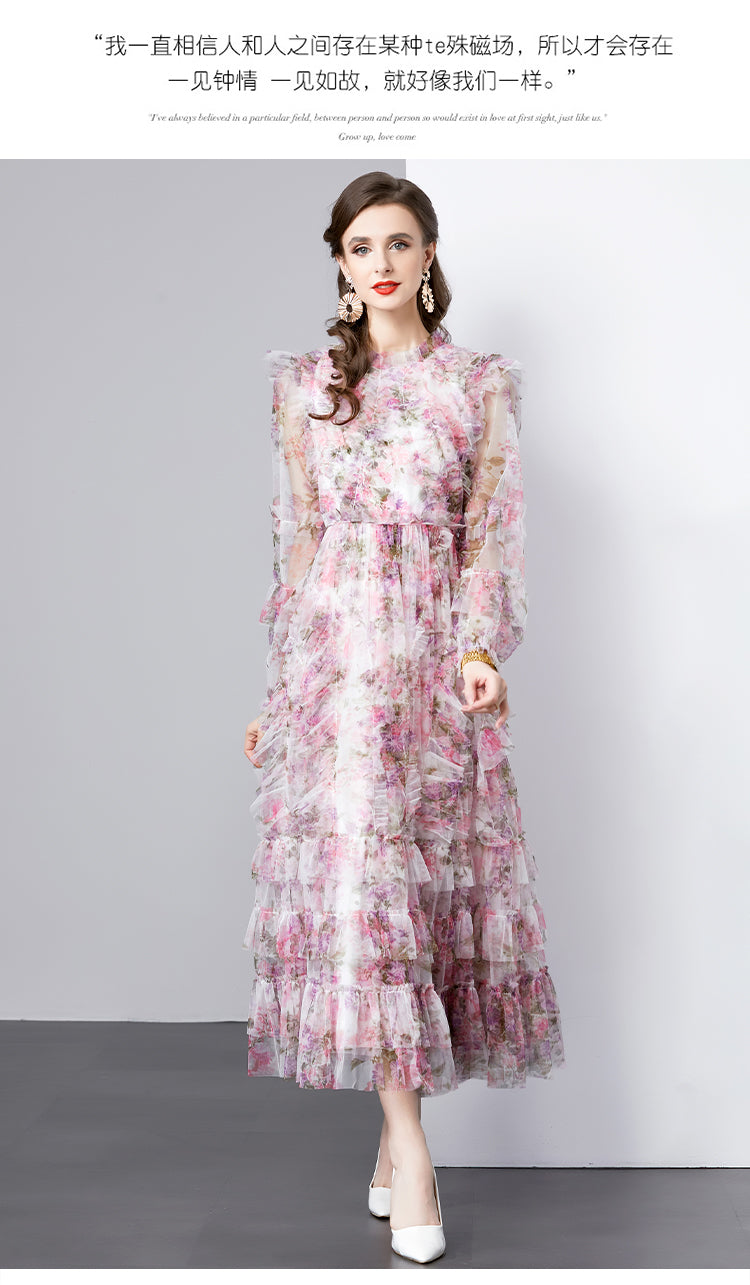 Original design graphic women's French purple and red flower print elegant temperament dress
