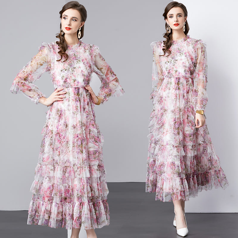 Original design graphic women's French purple and red flower print elegant temperament dress