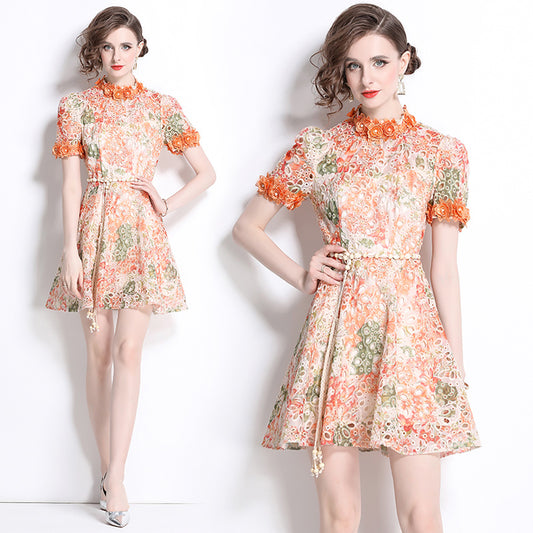 Original Design: Spring/Summer Embroidered Printed Dress for Women with a High end Style and a slimming A-line Skirt with a cinched waist