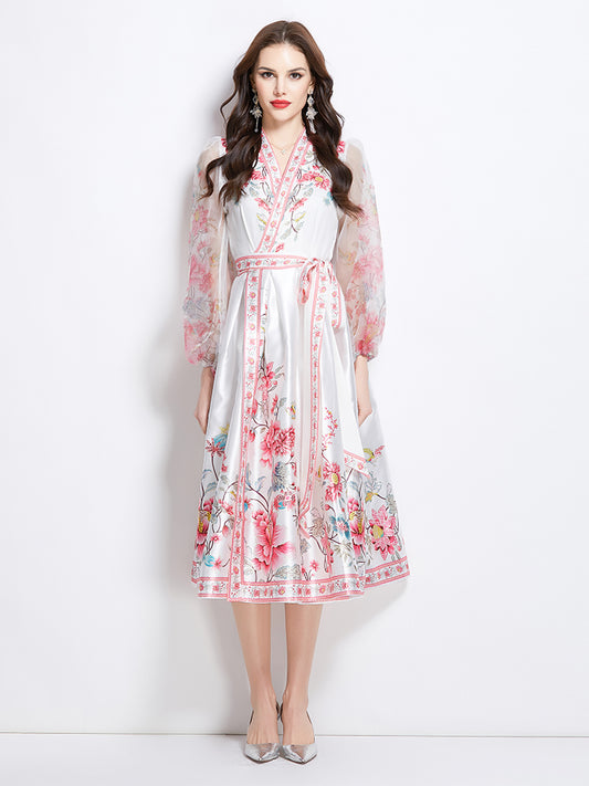Original Design Spring/Summer V-neck Ethnic Style Printed Satin Wrapped Long Dress