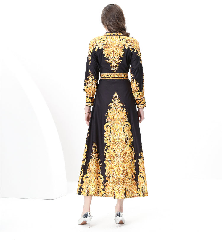 Original design: Spring, Summer, Autumn, resort style, retro stand-up collar, single-row print, wide hem maxi dress