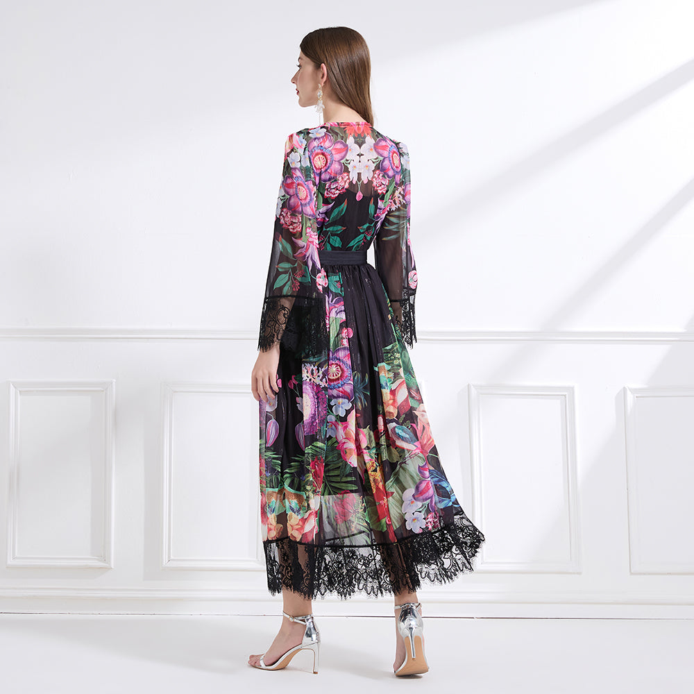 Original design Spring/summer resort V-neck lace print suit with waist ruffle maxi dress