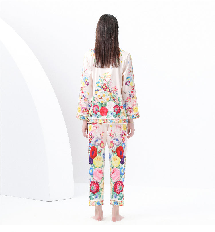 original design Spring/Summer casual trim pyjama suit set with a suit collar and long sleeves and trousers print two-piece set