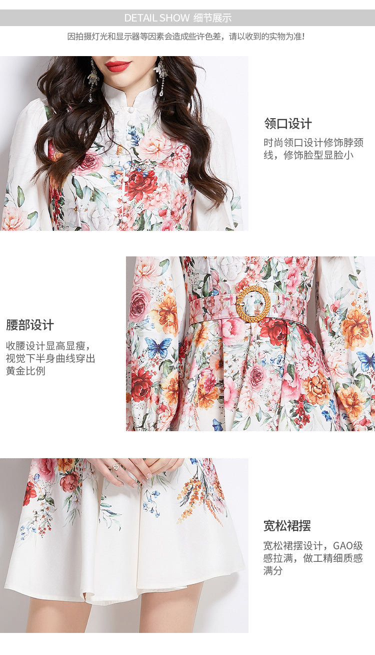 Original Design Spring/Summer Vacation Flower Oil Painting Style Stand up Collar Short Dress
