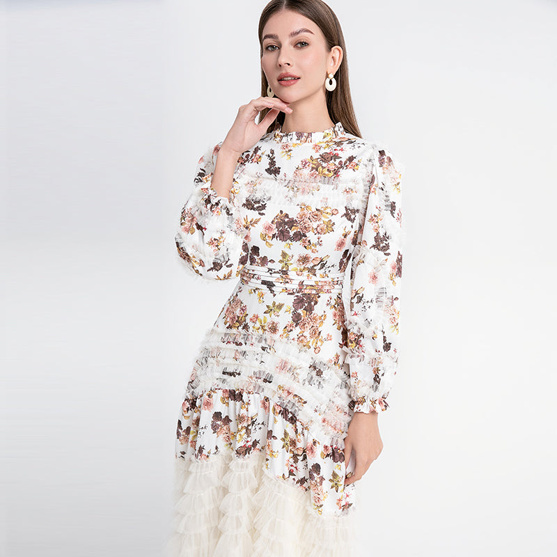 Artwork boutique print patchwork mesh fungus trimmed French court-style women's dress