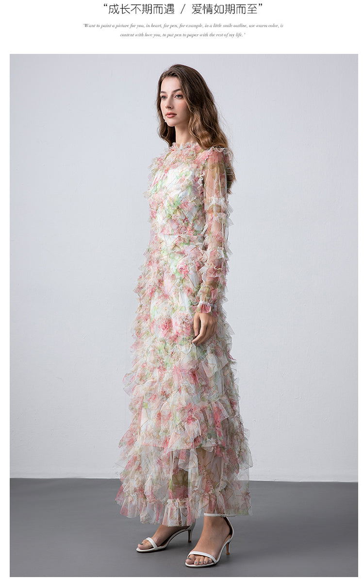 Original design boutique heavy industry romantic fairy temperament printed fungus edge French dress