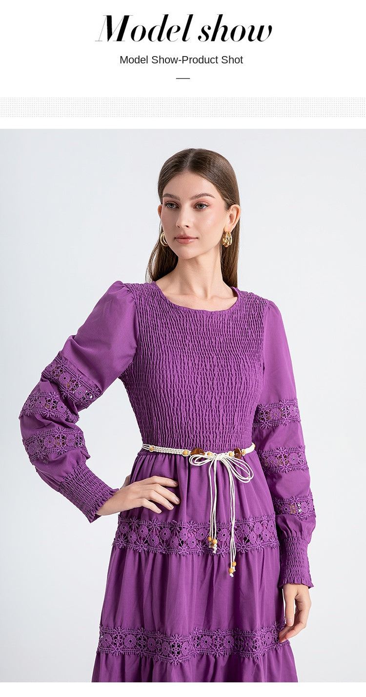 The French vintage maxi skirt is cut-out and laced in a solid color, cinching the waist and showing a slim round neck, lace panels